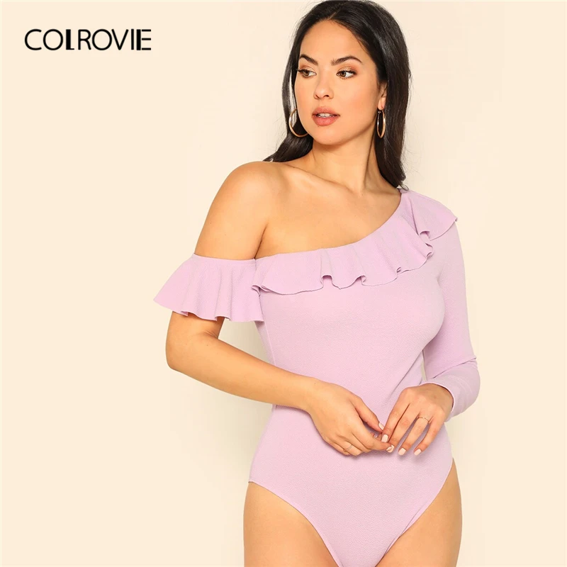 

COLROVIE Purple Solid Ruffle Trim Asymmetrical Neck Elegant Skinny Bodysuit Women 2019 Summer One Sleeve Office Ladies Bodysuits