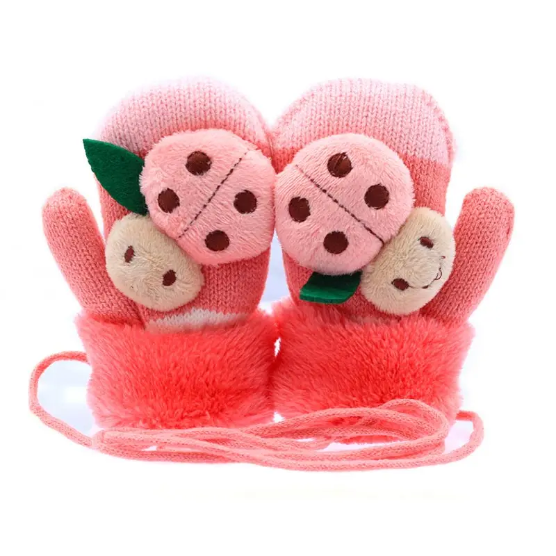 Зимние Детские перчатки для детей от 1 до 6 лет, теплые утепленные вязаные варежки с мультипликационным принтом и веревкой для малышей - Цвет: 1-3 years old