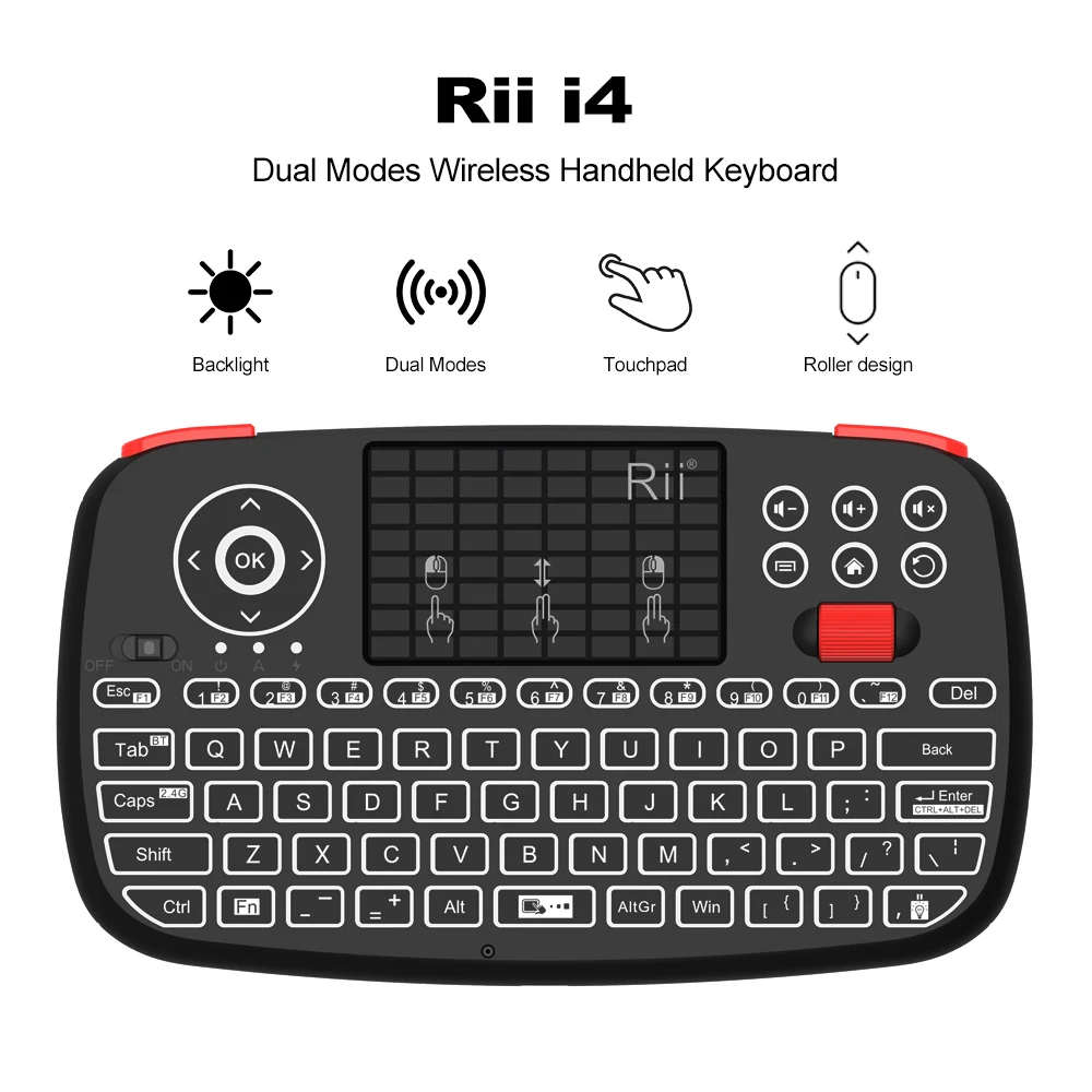 Baratos Rii i4 Mini teclado Bluetooth 2,4 GHz Dual modos de diapasón retroiluminada ratón Touchpad de Control remoto para Windows Android