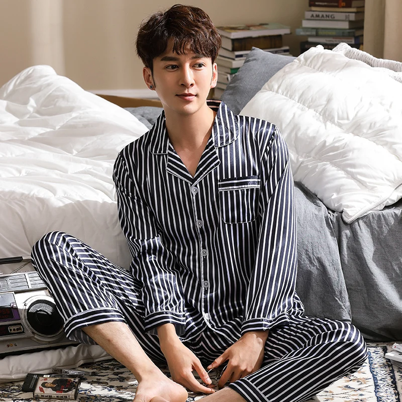 

New Arrival Spring Autumn Long Striped Men's imitate Silk Pajamas Set Cardigan Sleepwear Plus Size L-3XL Male Homewear Clothing