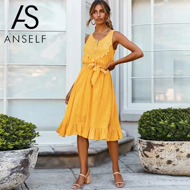

Sexy Party Dresses Women Summer Dress 2019 Solid Sleeveless Tied Bandage Tassel Hollow Out Ruffle Dress Elegant Ladies Clubwear