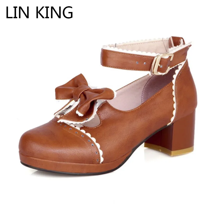 

LIN KING New Women Pumps Round Toe Bowtie Sweet Cute Slip-on Lolita Shoes Party Leisure Autumn Thick Square Heel Platform Shoes