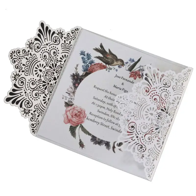  10pcs/set Laser Cut Hollow Invitations Cards Cover Kits With Bow Ribbon For Wedding Bridal Shower B - 33047784994