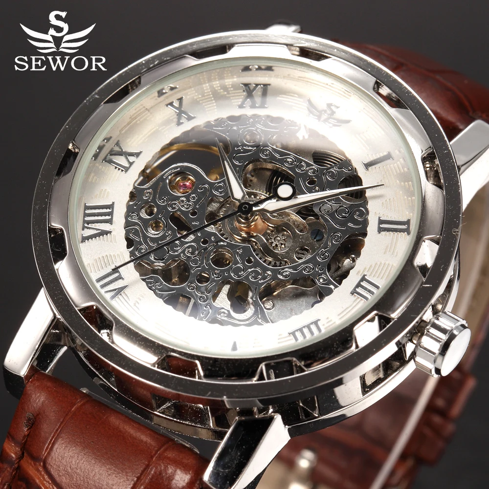 SEWOR лучший бренд класса люкс Royal кожаный серебристый прозрачный Наручные часы модные Повседневное Бизнес часы Скелет механические часы