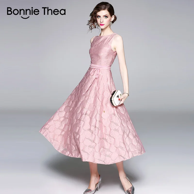 2018 летнее женское розовое жаккардовое платье без рукавов roes Vestidos длинное на