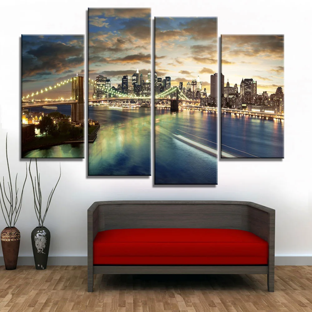 Canvas Painting Frame Wall Art Abstract 4 Panel City Night View Decor ...