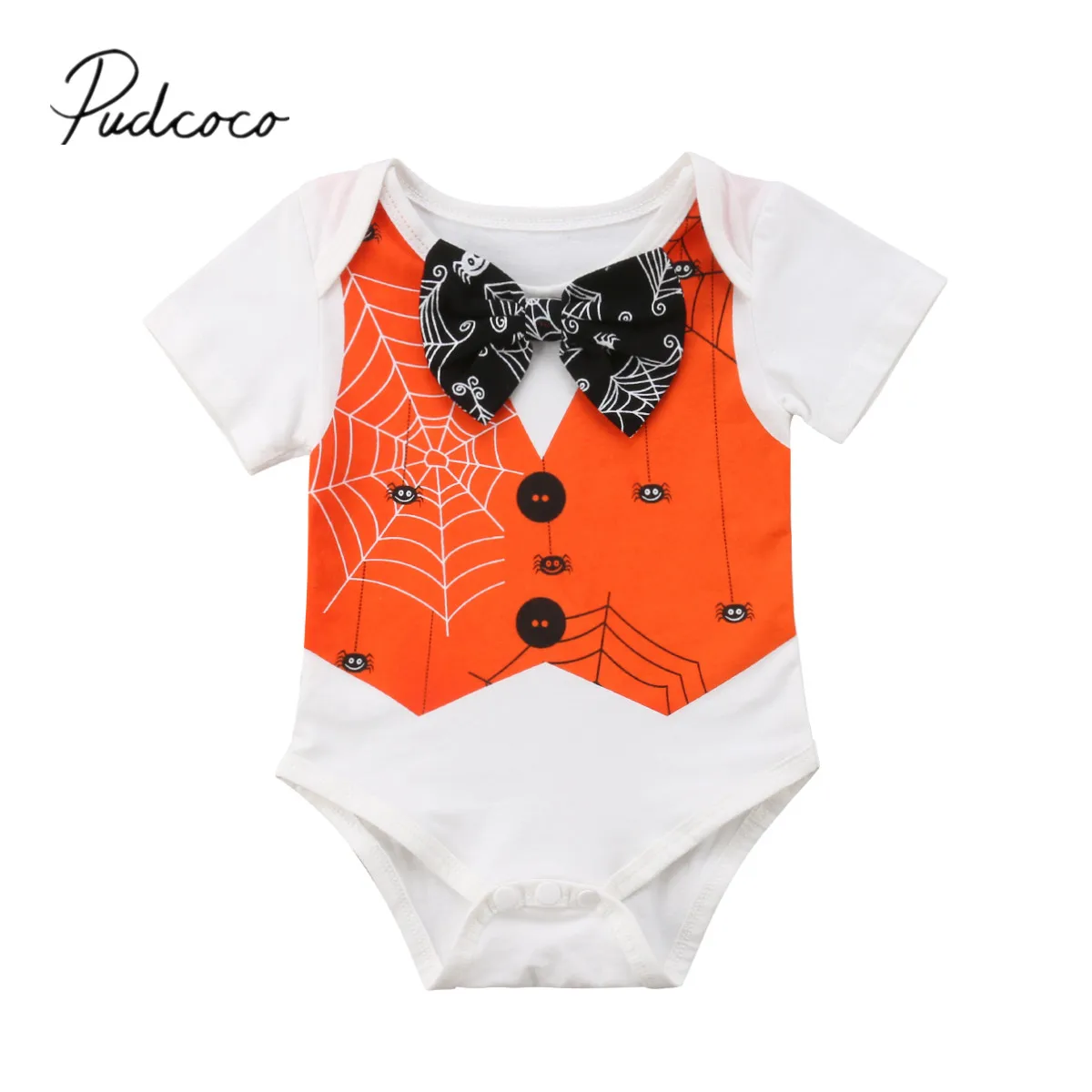 

2018 Brand New Halloween Toddler Baby Girl Boy Bodysuit Short Sleeve Patchwork Bow Tie Jumpsuit Spider Net Playsuit Outfit 0-18M