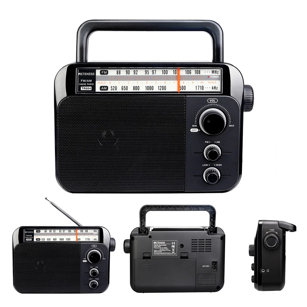 Retekess TR604 AM/FM радио для пожилых людей два диапазона радио Светодиодный индикатор портативная ручка батарея питание от сети переменного тока встроенный динамик