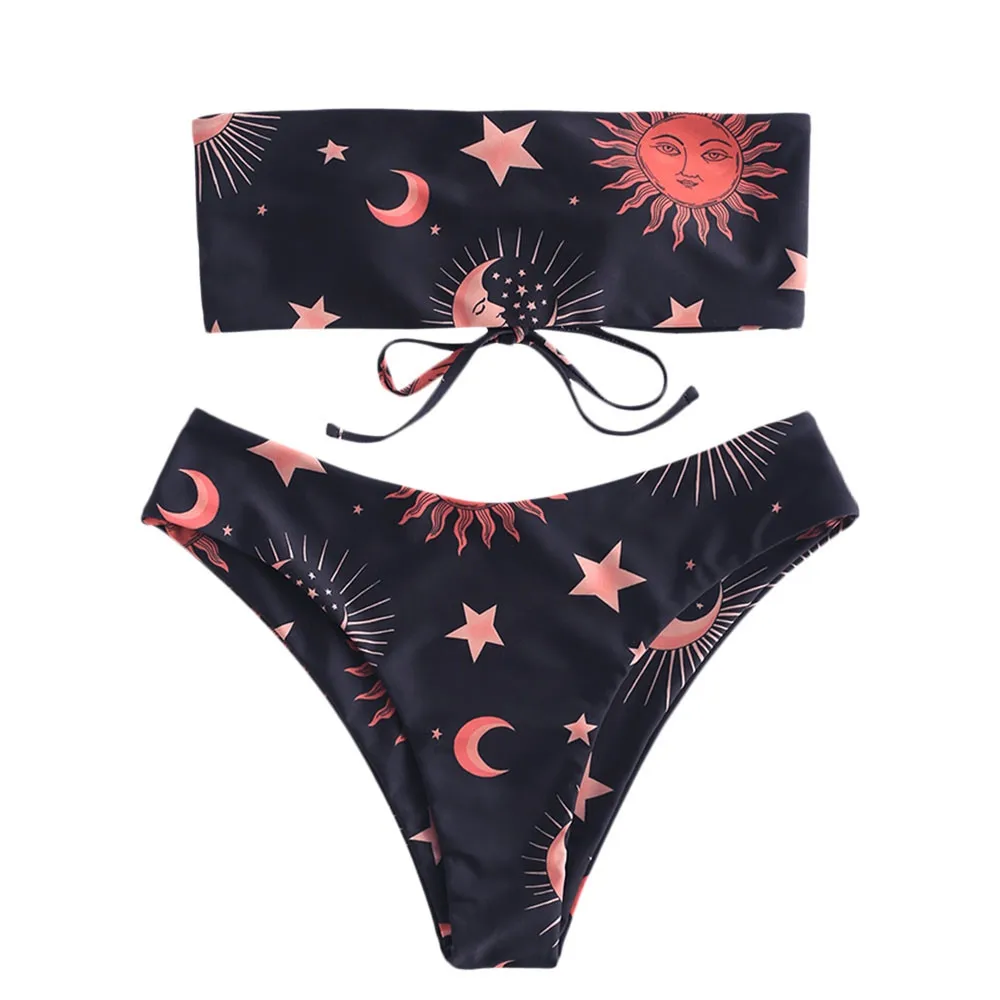 

High Waist Sexy Bikini Set 2019 Newest Push-Up Bandage Swimsuit Wrap Chest Swimwear Star Sky Pattern Bandeau Bathing Suit Bikini