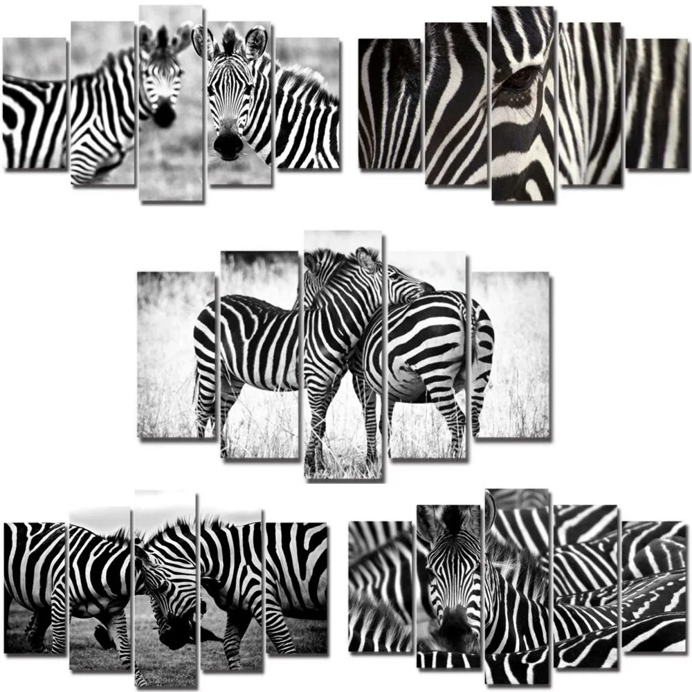

5 pieces canvas painting zebra animals white and black series hanging wall mural pictures for living room decor ready to hang