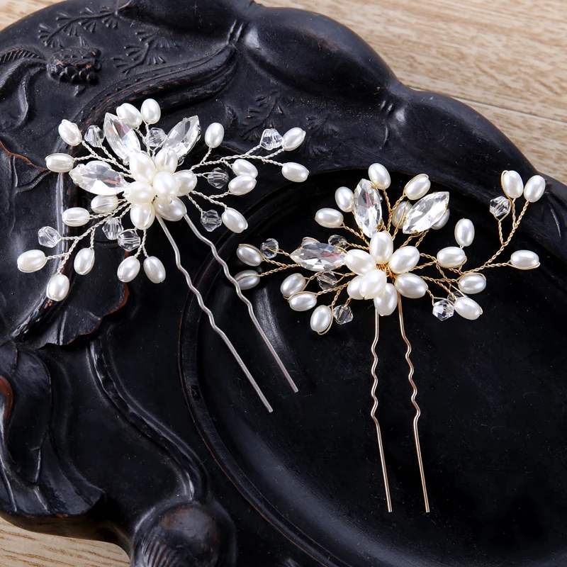 2PCS Hairpins Pearl Crystal Beads Hair Jewelry Wedding Bride Handmade