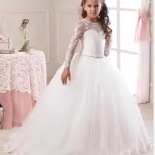 Белого Цвета Слоновой Кости Бальное платье С Длинным Рукавом Цветы Платья для Свадьбы Кружева Первое Причастие Платья Pageant Платья