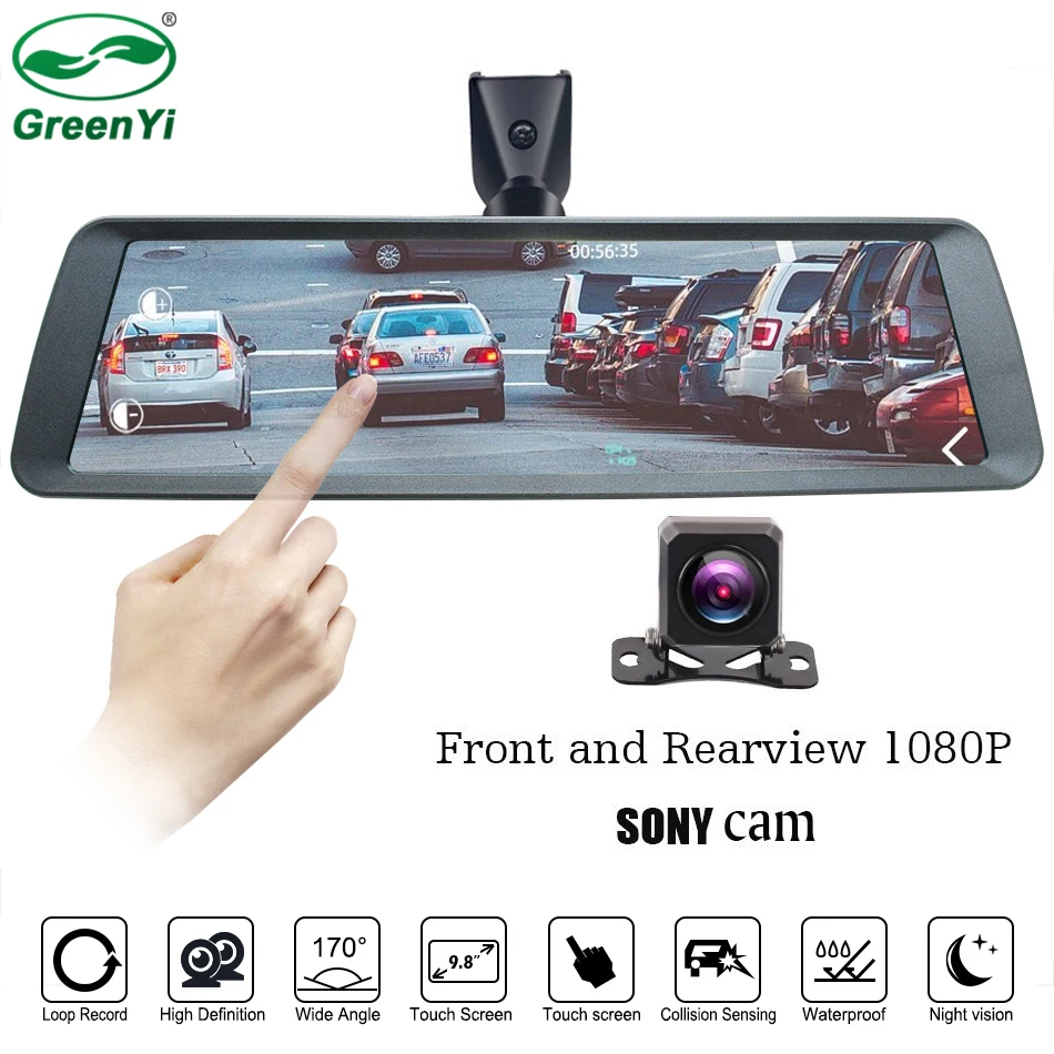 GreenYi HD 9.88\ Full Touch Screen Car DVR Dash Camera Full-zinc Alloy Shell Mirror Monitor Double 1080P Dash Cam Dashcam