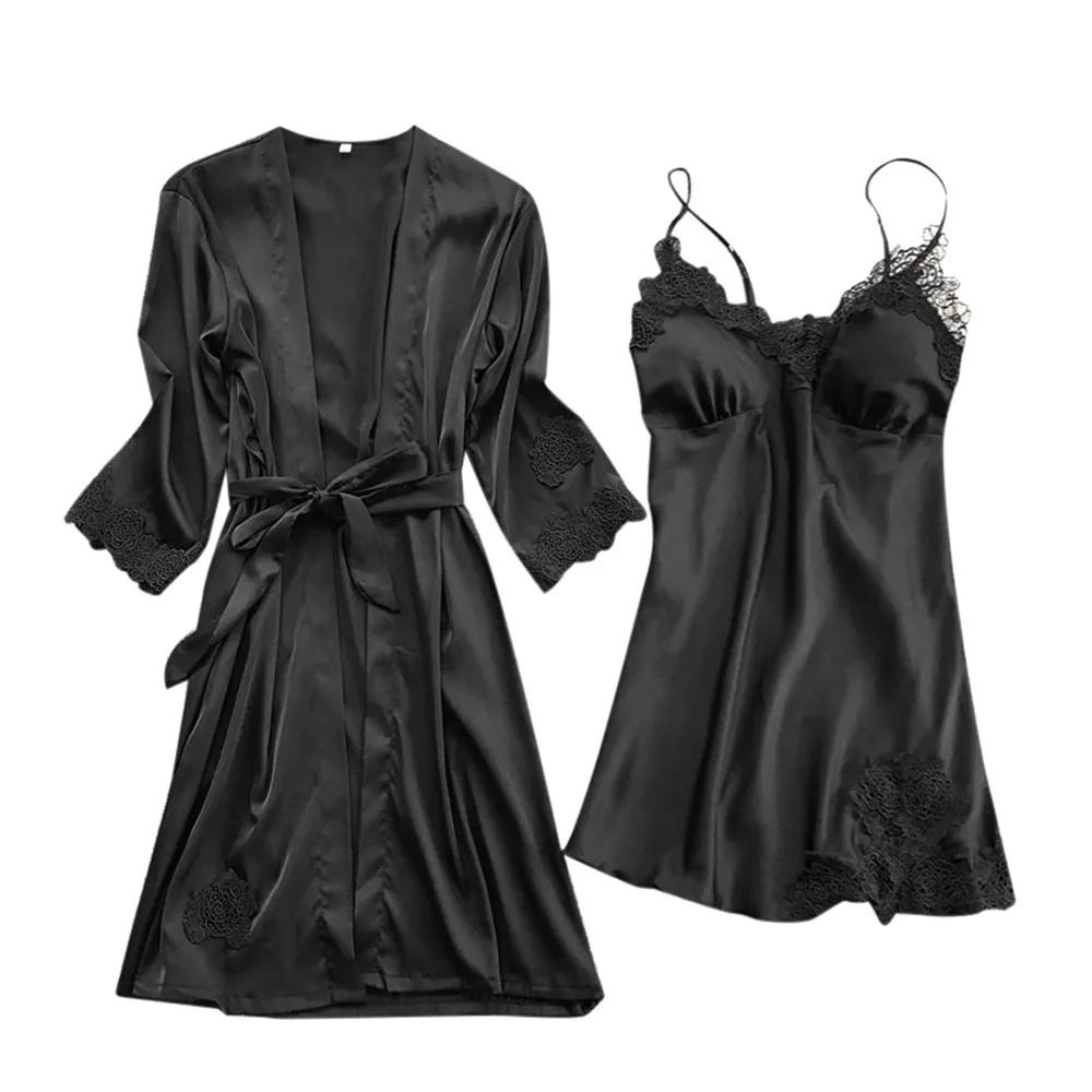 Черное сексуальное женское шелковое кружевное платье-халат ночная рубашка комплект ночного белья сексуальное эротическое нижнее белье новое нижнее белье - Цвет: Black