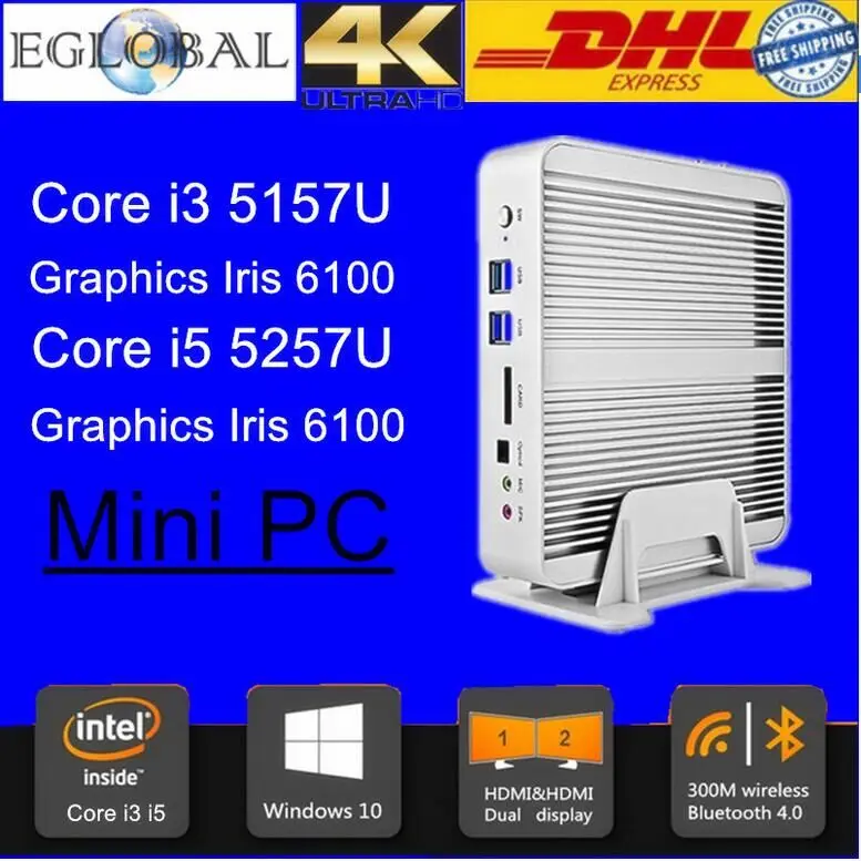 Broadwell Fanless Mini PC Windows10 Core i3 5157U, i5 5257U 4K HTPC Graphics Iris 6100 2 Lan 2 HDMI 300M Wifi high price ratio