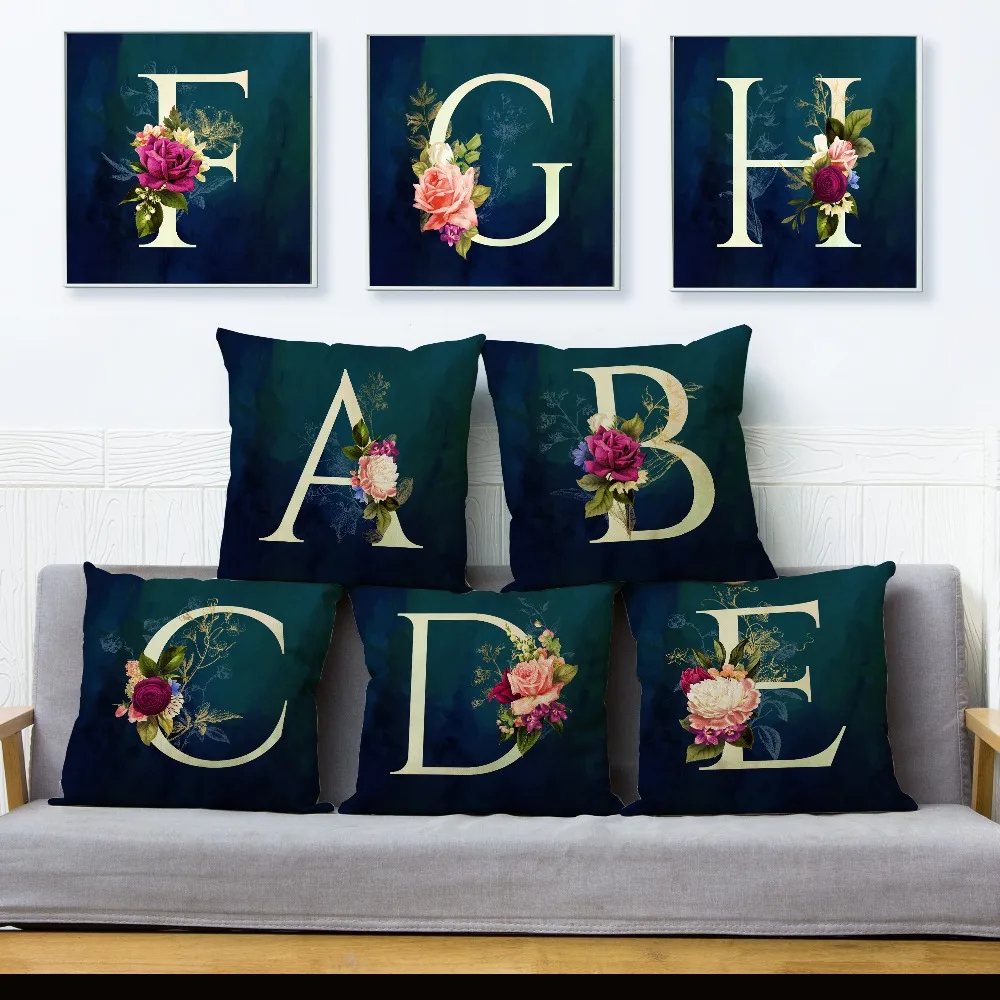 

English Flower Dark Blue Letter Print Throw Pillow Cover 45*45cm Cushion Covers Linen Pillow Case Sofa Home Decor Pillows Case
