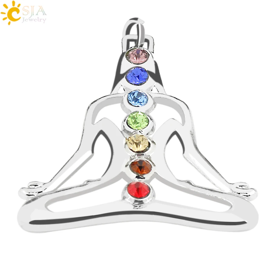 

CSJA Seven Rainbow Rhinestone Pave 7 Chakra Energy Jewelry Pendant Reiki Health Amulet for Girl Boy Womans Mens Charm Gifts E014