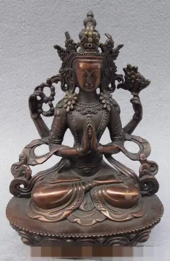 

S4181 Tibet Pure Bronze Buddhism 4 Arms Chenrezig Buddha KwanYin GuanYin Buddha Statue
