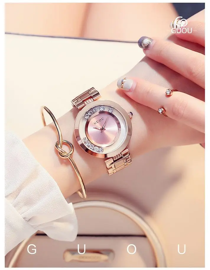 GUOU Для женщин часы Роскошные дамы смотреть богатых розовое золото горный хрусталь браслет часы для Для женщин montre femme saat