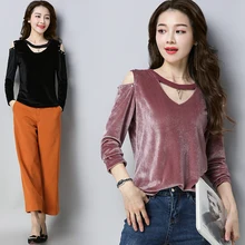 Женская тонкая футболка из золотого бархата с вырезами на плечах, футболки с длинным рукавом и круглым вырезом, осенние женские сексуальные уличные Топы