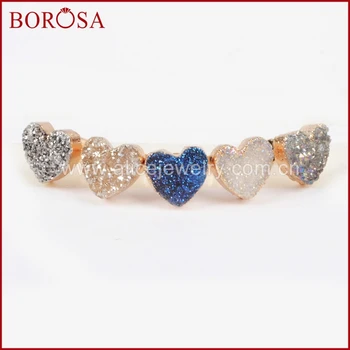 

BOROSA 5pcs New Design Gold Color Heart Natural Crystal Druzy Titanium Mix Color Druzy Stud Earrings G0910