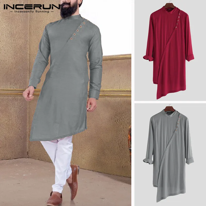 

INCERUN Men Indian Kurta Suit Shirt Solid Color Button Stand Collar Long Sleeve Vintage Muslim Clothes Irregular Long Shirt 2019