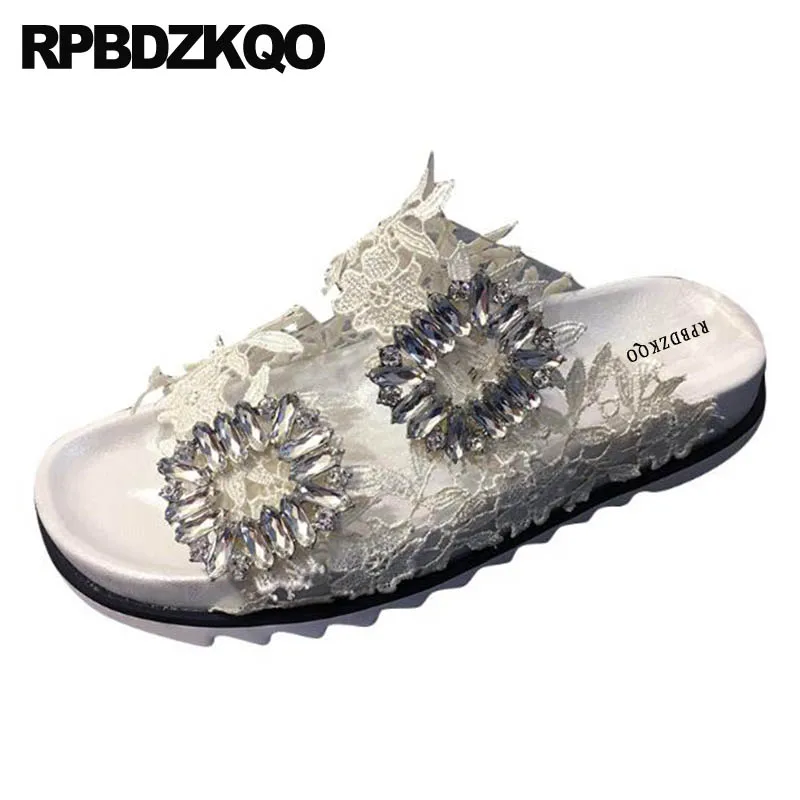 

Lace Sandals Jewel Slippers Rhinestone Wide Fit Diamond Slip On Designer Shoes Women Luxury 2018 Flat White Crystal Nice Slides