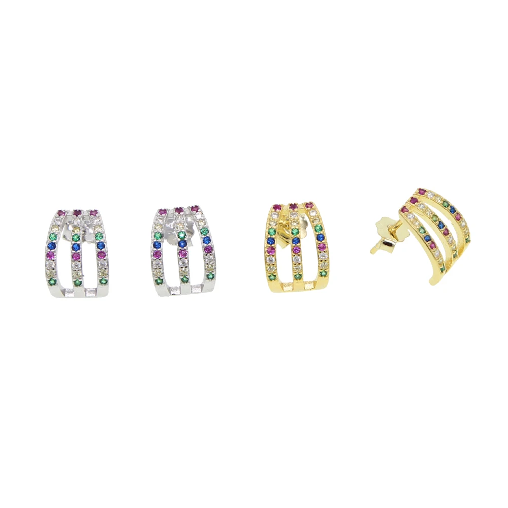 fine 925 sterling silver bright chic rainbow colorful geometric cz bar stud earring for women girl gift | Украшения и аксессуары