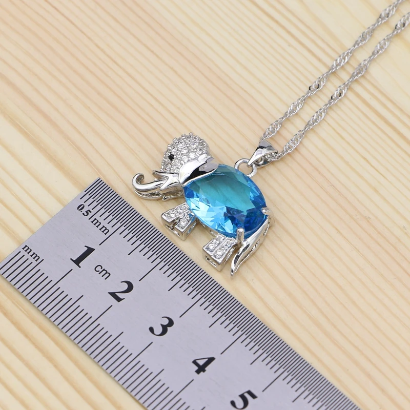 Silver 925 Jewelry Sets For Women Sky Blue Cubic zirconia Elephant Shaped Ring Bracelet Necklace Pendant Stud Earrings Set (4)