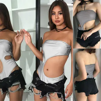 

Hirigin Women Fashion Sexy Sleeveless Strapless Stretch Tube Top Reflective Hollow Out Bodysuit Ladies Leotard Top Jumpsuit