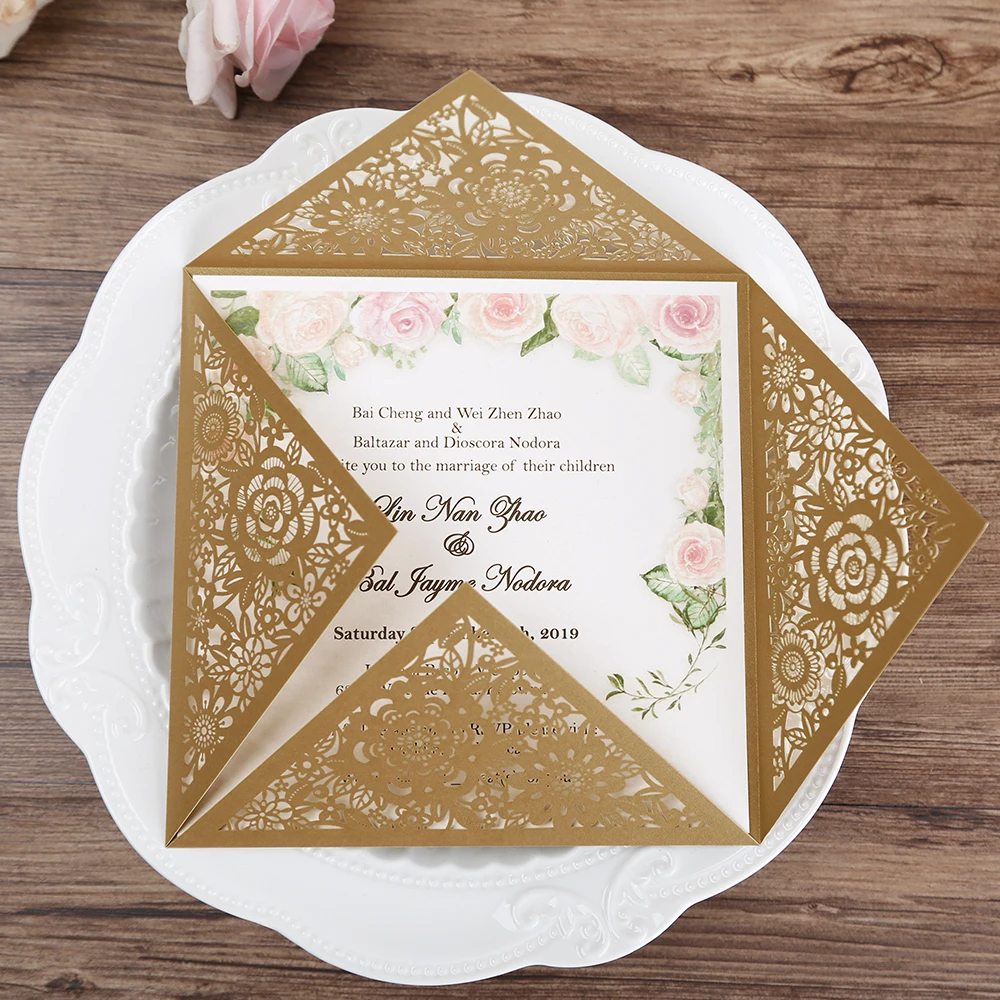 Buy 50 pcs Gold Elegant wedding invitation laser