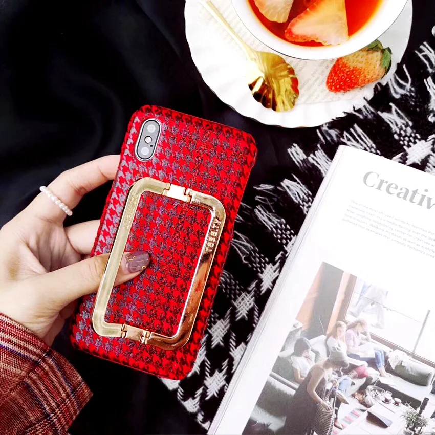 

Big Metal Square Handle Cases For iPhone 7 8 6S plus Carry & Grip Fashion Red Grid Soft PC Phone Shells for iPhone Xs Max Xr