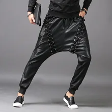 Мужские модные джоггеры из искусственной кожи, шаровары с заниженным шаговым швом, повседневные джинсы для уличных танцев, мото и байкеров, DJ, рок, с заклепками, слаксы, брюки