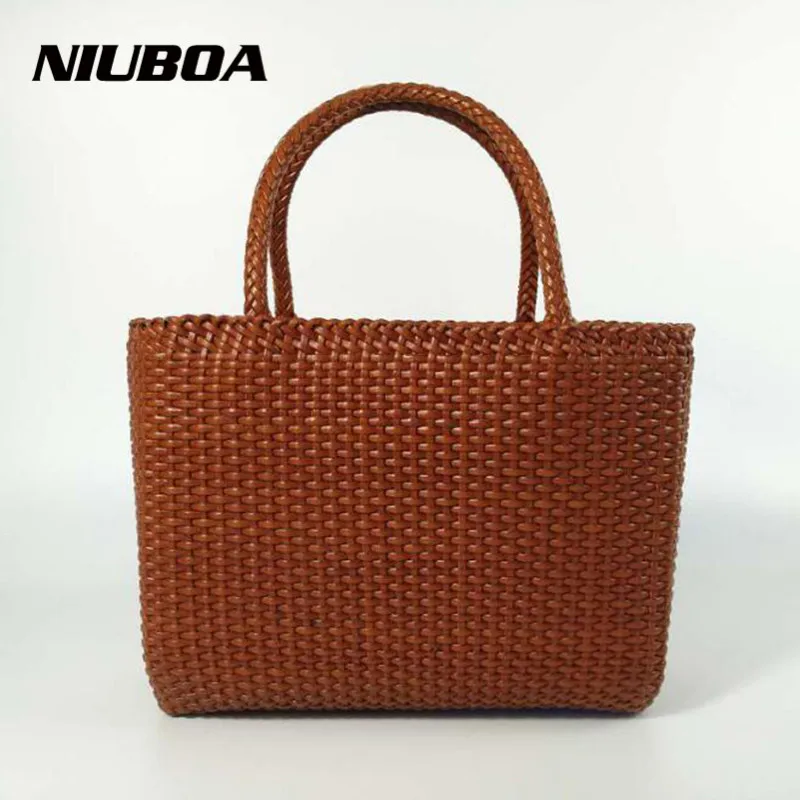 

NIUBOA Genuine Leather Bag Women Euro Retro Trend Manual Woven Handbags Ladies Casual Cowhide Messenger Bags Coffee Shoulder Bag