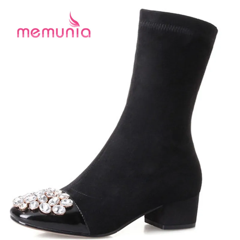 

MEMUNIA large size 32-43 women boots elegant crystal fashion boots square toe med heels winter boots 2018 new mid calf boots