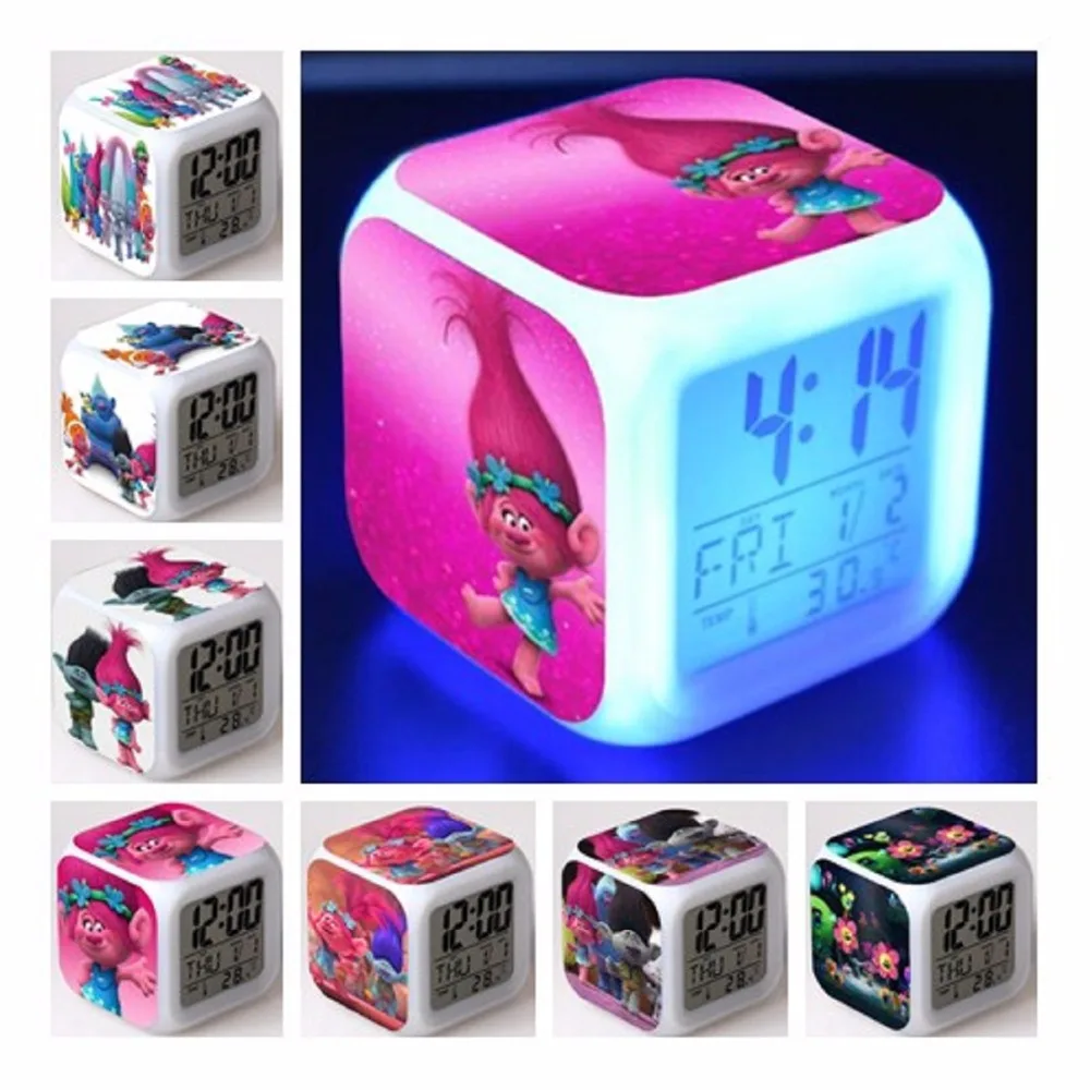 

Anime Trolls cartoon Figurines Poppy Action Figure clock 7LED Color Touch Light Alarm Clock PVC watch Toys gift
