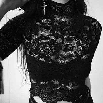 

Black Lace See through Women T Shirts Gothic Dark Mesh Hollow Out Transparent Lace Emnroidery Tshirt Skinny Crop Top Lady Tshirt