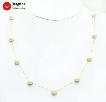 

SALE gold Chain Floating AAA round 6-7mm white Natural Freshwater pearl 18" necklace with Gold Clasp-5398