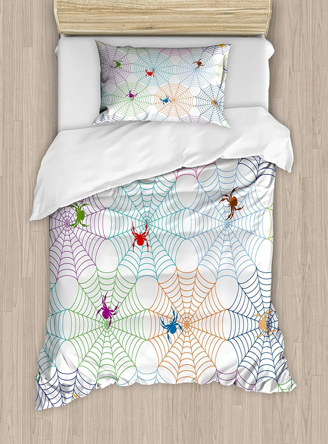 Spider  Duvet Cover Set Colorful Networks and Characters Tile Design Graphic Art Cute