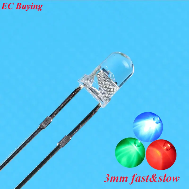 50 pcs Clear 3mm RGB Slow/Fast Flashing Red Green Blue 3 Colors