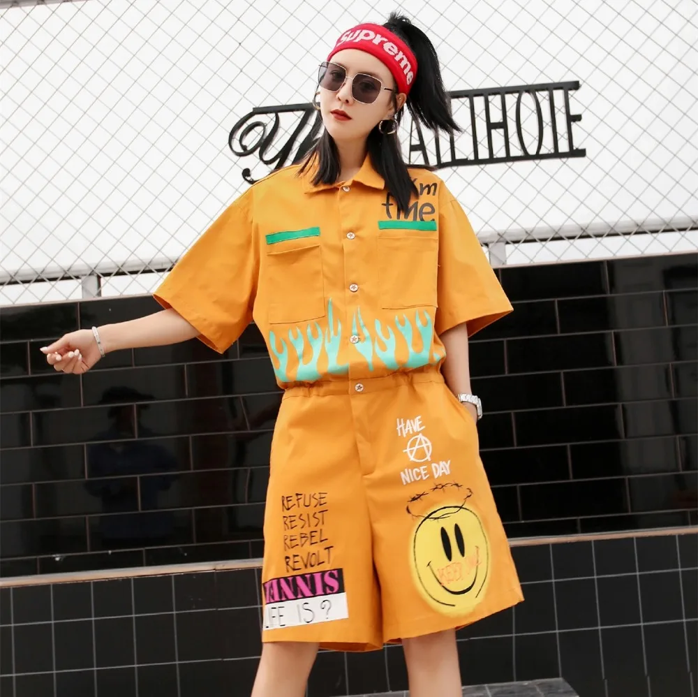 Женский Harajuku печати летние шорты брюки для девочек High Street комбинезоны с коротким