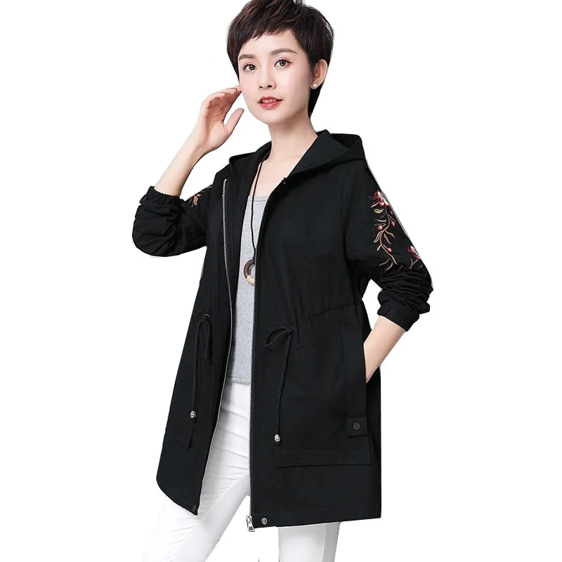 

Spring Autumn Fashion Women Coat Casual Loose Embroidery Female Windbreaker With Hat Zipper Pocket Trench Coats Plus Size 5XL