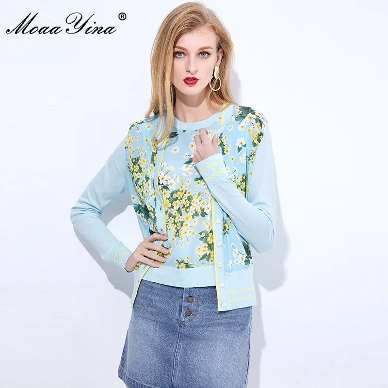 MoaaYina Spring Autumn V-neck Long sleeve Cardigans Knitting Tops Women's Elegant Floral-Print Silk Sweater Thin Coat