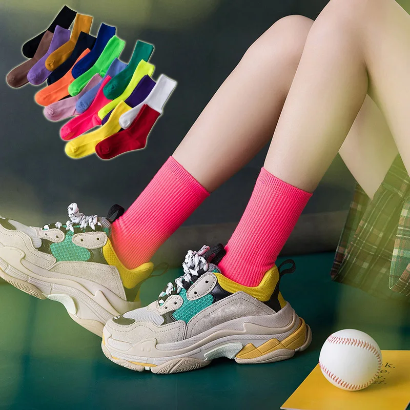 17 цветов, Неоновые носки в стиле Харадзюку, женская уличная одежда в стиле хип-хоп, флуоресцентные яркие цвета, крутые носки для девочек-подростков, уличные танцевальные носки