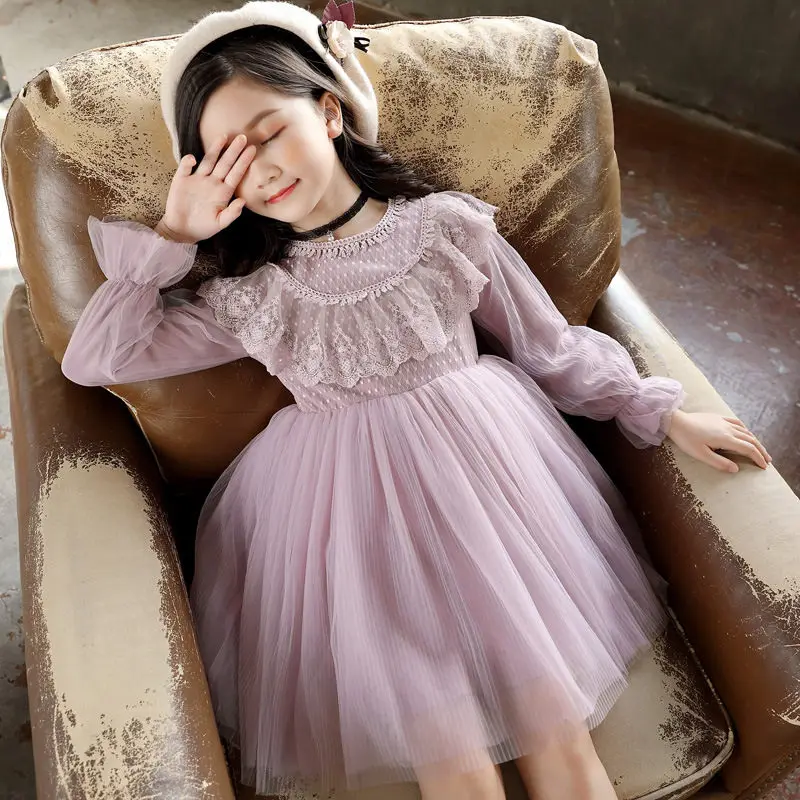 New Spring Autumn Children Lace Dot Princess Dress Teen Girls Tassel Mesh Causal Dress Kids Girl Cotton Solid Vestido Q635 - Цвет: zi fen se