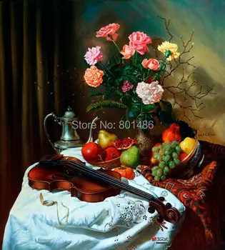 

Classic Flower bouquet guitar fruit on a table still life Picture oil painting print on canvas Decor for Home wall Art decor