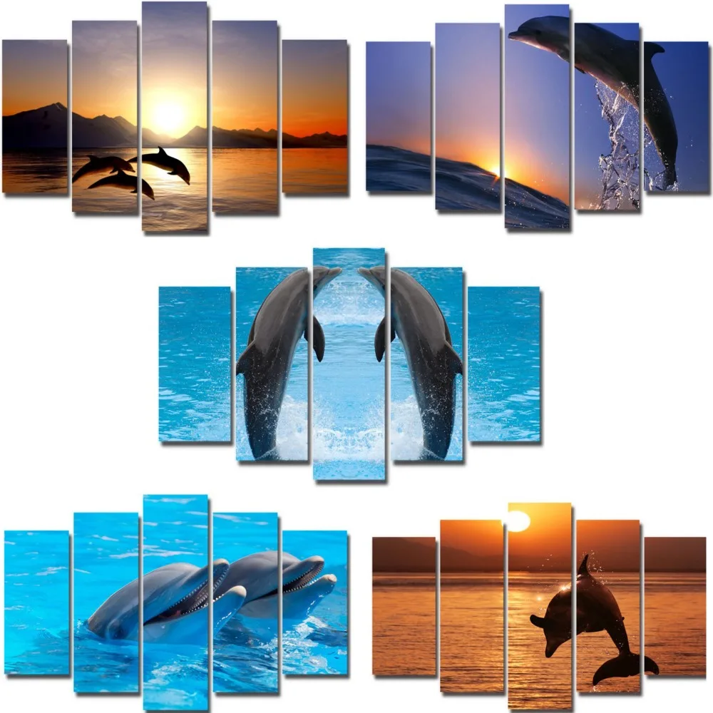 

5pcs canvas painting wall mural jumping dolphings animals set wall art picture printing for decorative living room ready to hang