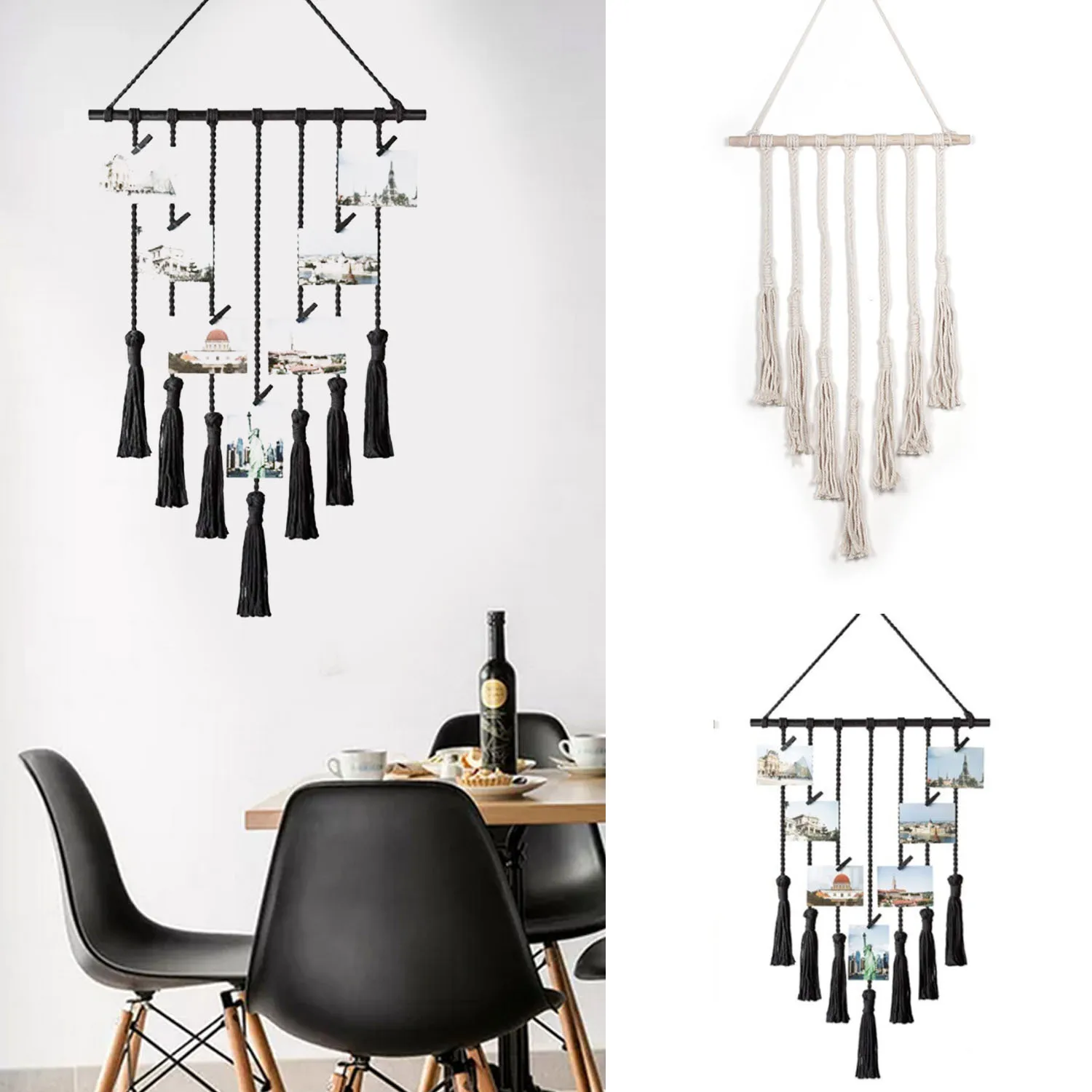 

Boho Chic Bohemian Handmade Woven Wall Hanging Photo Display Macrame Picture Organizer Home Decor Apartment Dorm Room Decoration