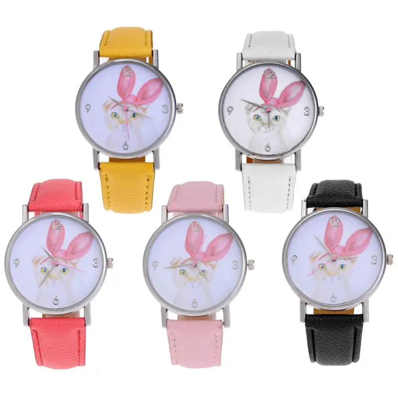 

saat Cute Rabbit Pattern Child Girl Watch Women Dress PU Leather Band Quartz Watches Student Fashion Wrist Watch bayan saatleri