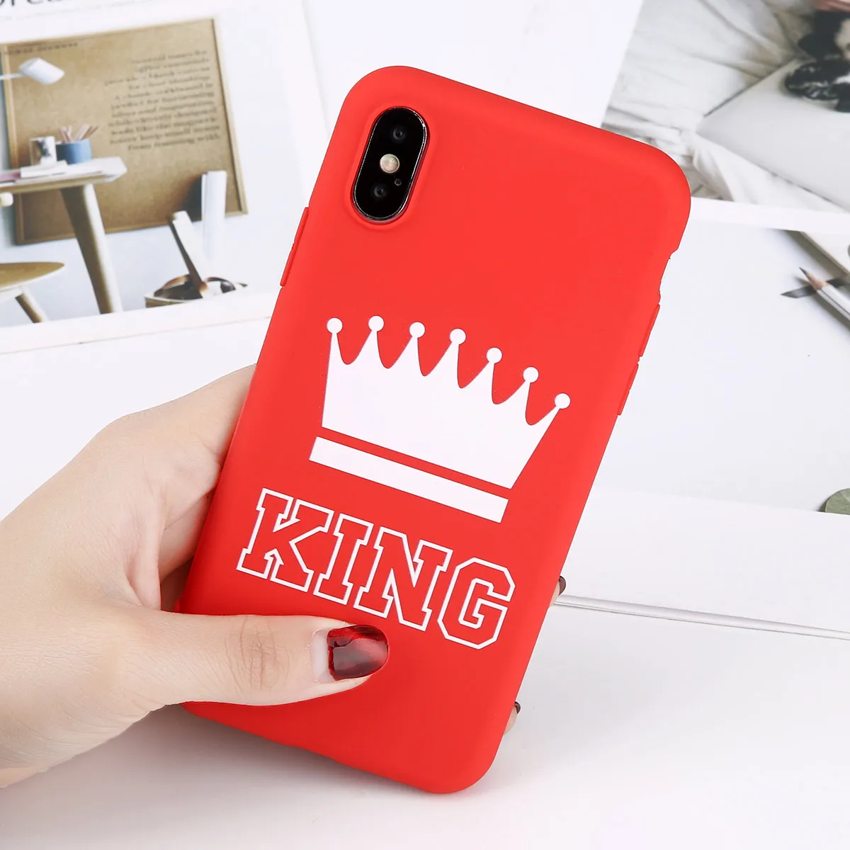 Матовый чехол для телефона с короной для iPhone 11 Pro Max XS Max X XR King queen чехол s 7 6 6s 8 Plus сплошной карамельный цвет Мягкий ТПУ полный Чехол - Цвет: Red King